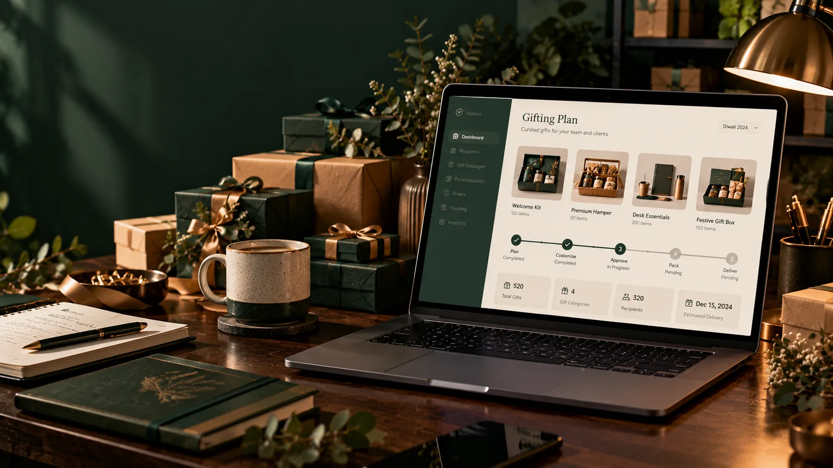 A laptop showing a gifting plan surrounded by gift boxes