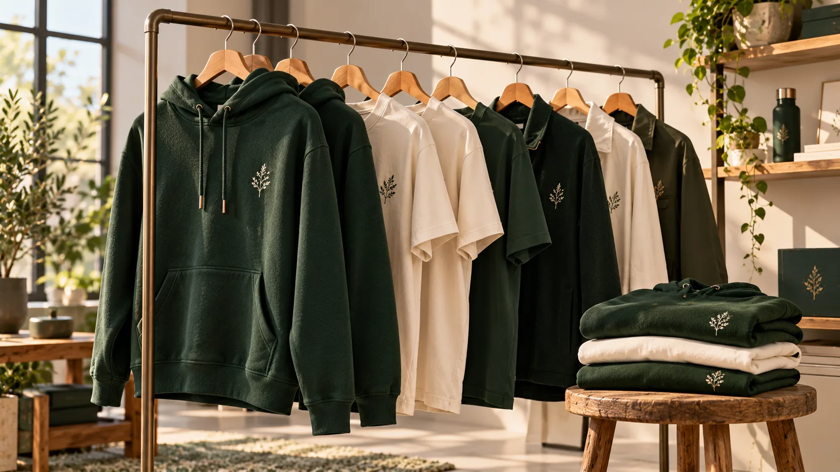 Branded hoodies and t-shirts on wooden hangers