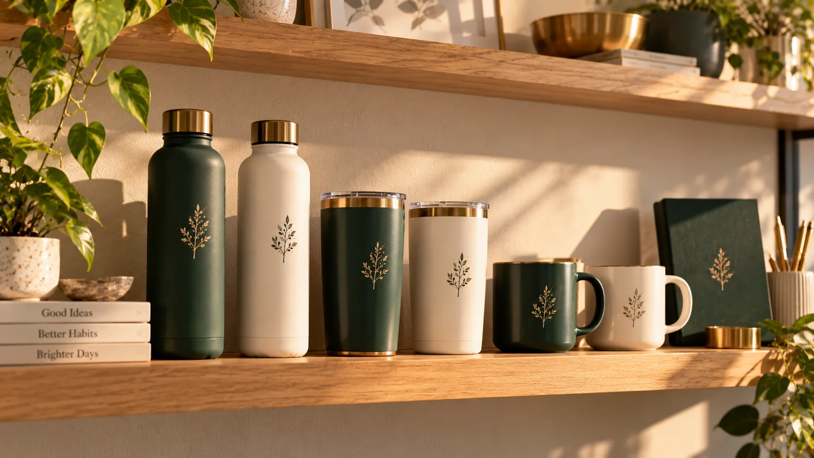 Bottles, tumblers and mugs lined up on a shelf