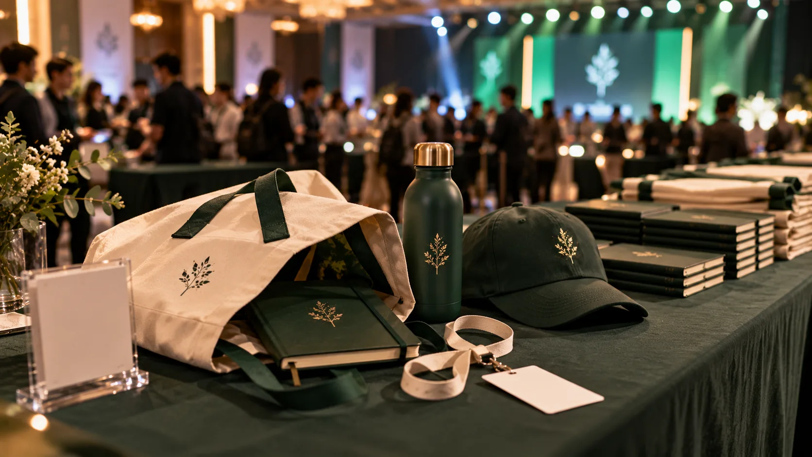 A tote spilling a notebook, lanyard, bottle and cap at an event desk