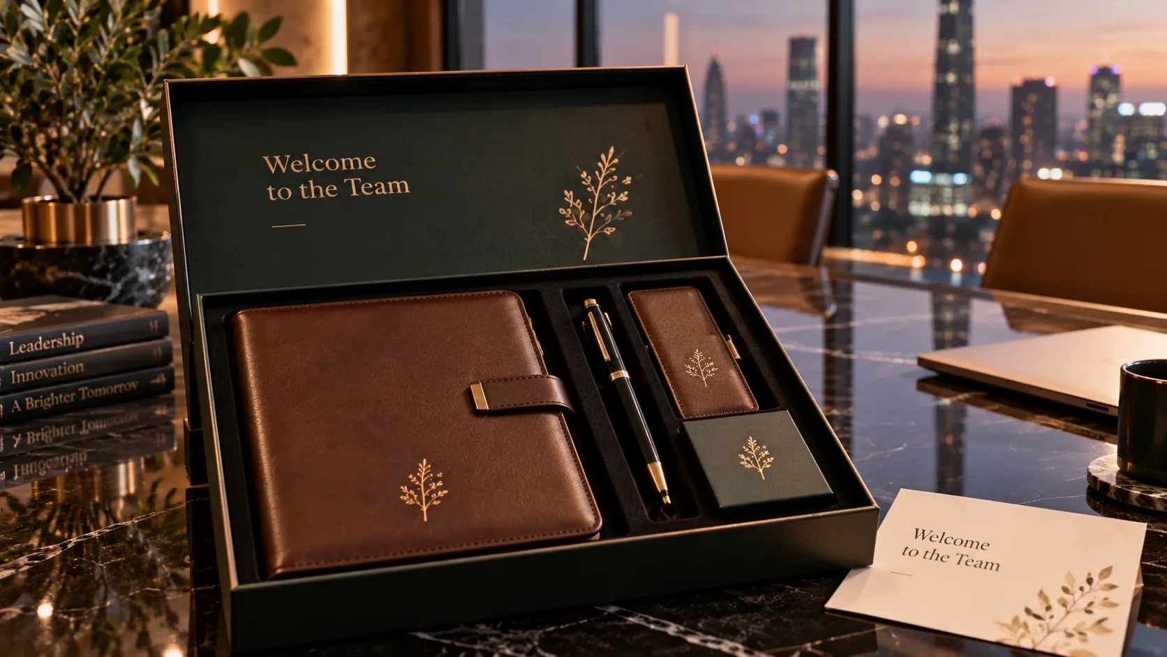 A leather folio and pen set on a boardroom table at dusk