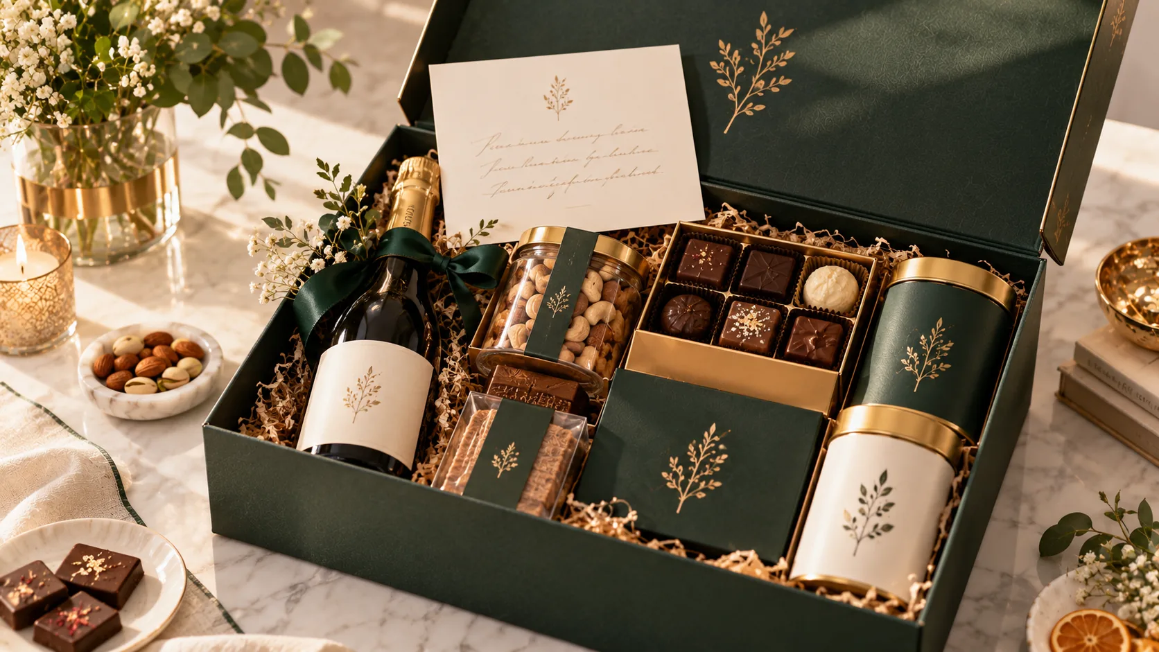 A gourmet hamper with a personalised card on marble