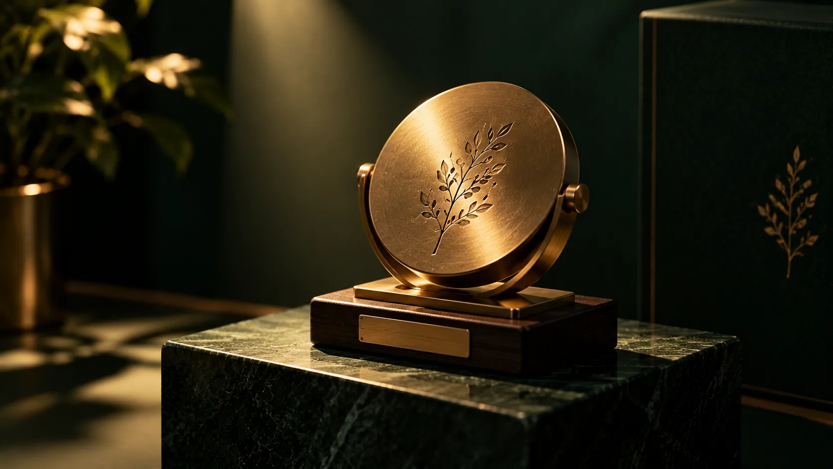 A brass keepsake on a pedestal under a spotlight