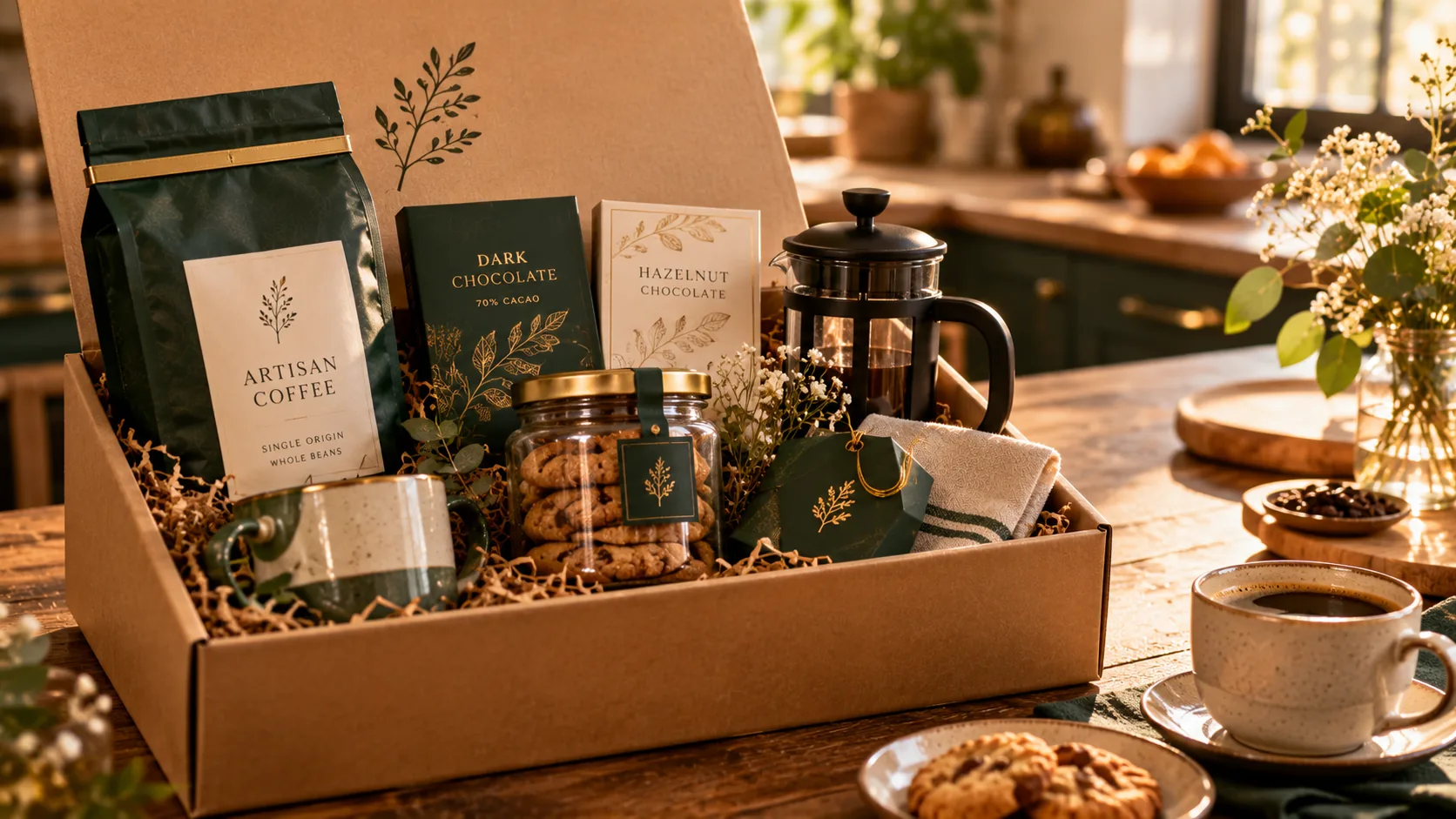 A kraft hamper with artisan coffee, chocolates and cookies