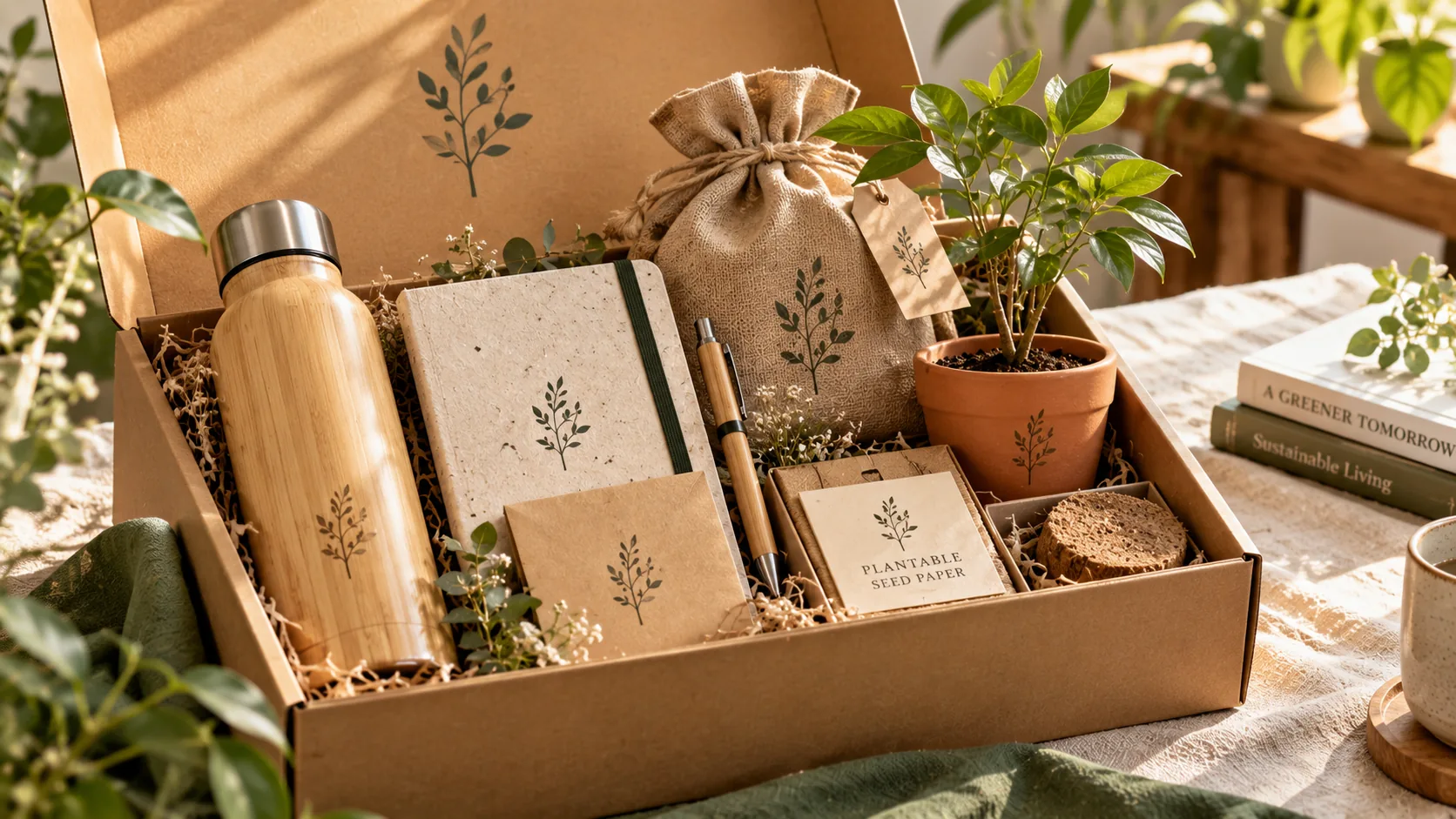 A bamboo bottle, jute bag, seed-paper notebook and terracotta planter