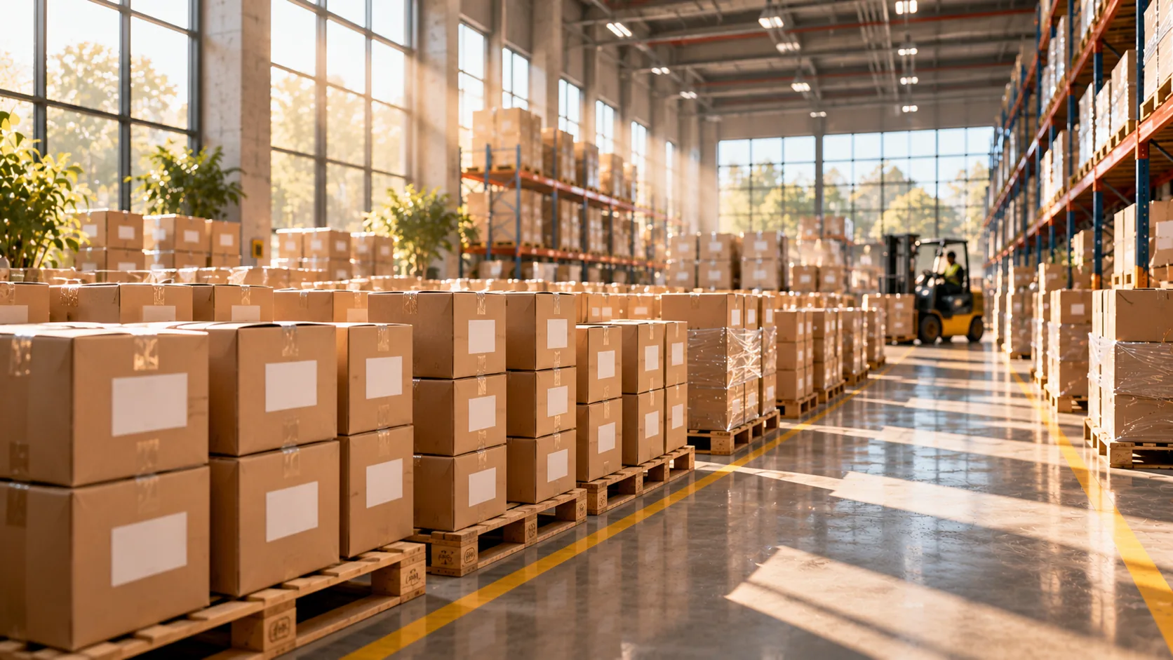 Rows of packed gift cartons in a warehouse