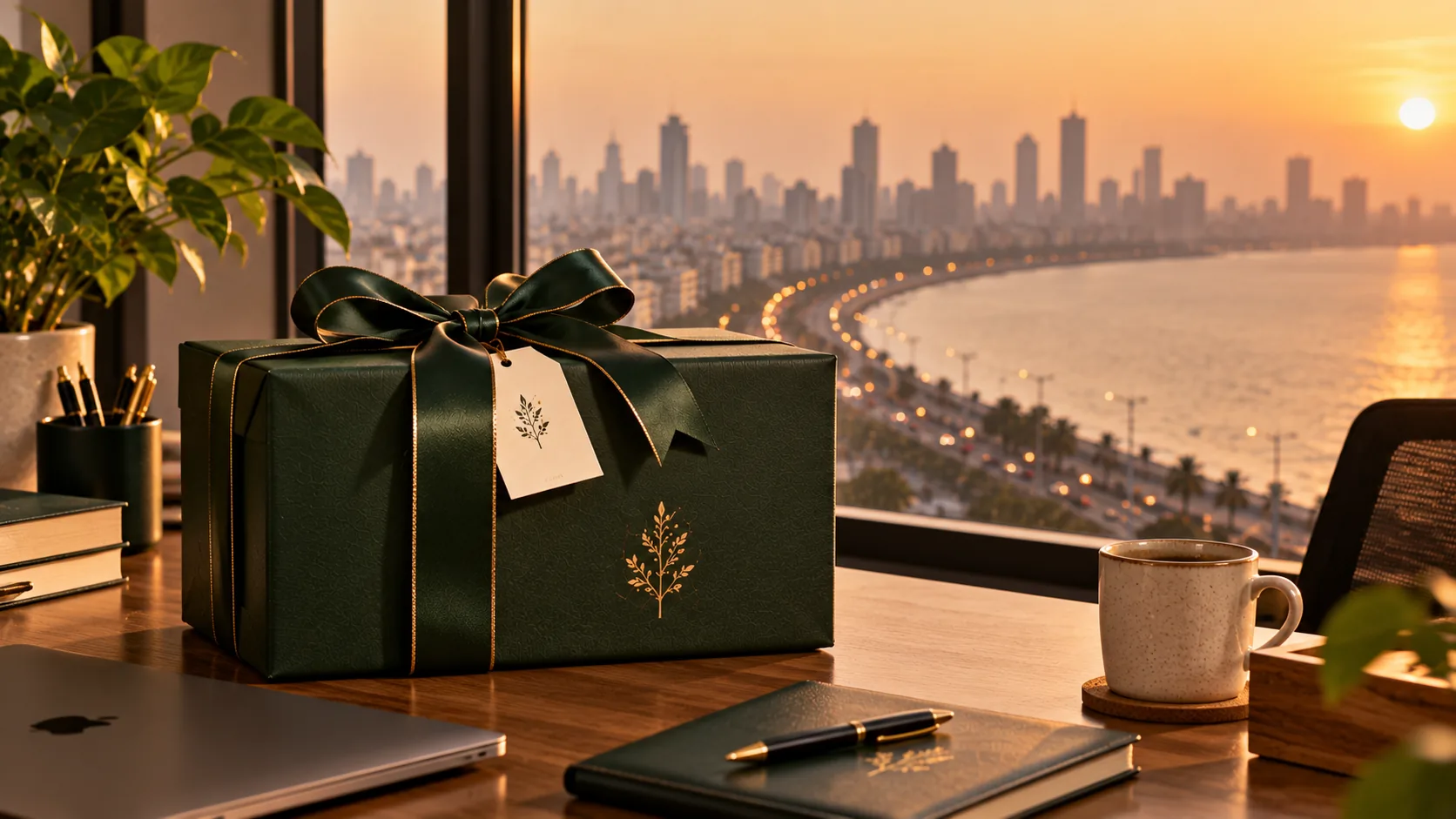A gift box on a desk with a city skyline behind