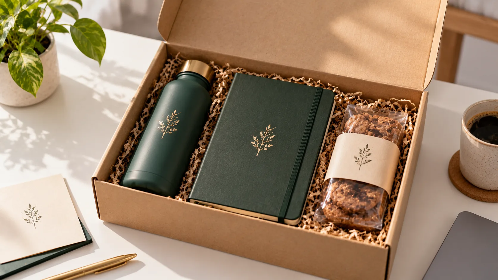 A compact kraft box with a bottle, notebook and treat