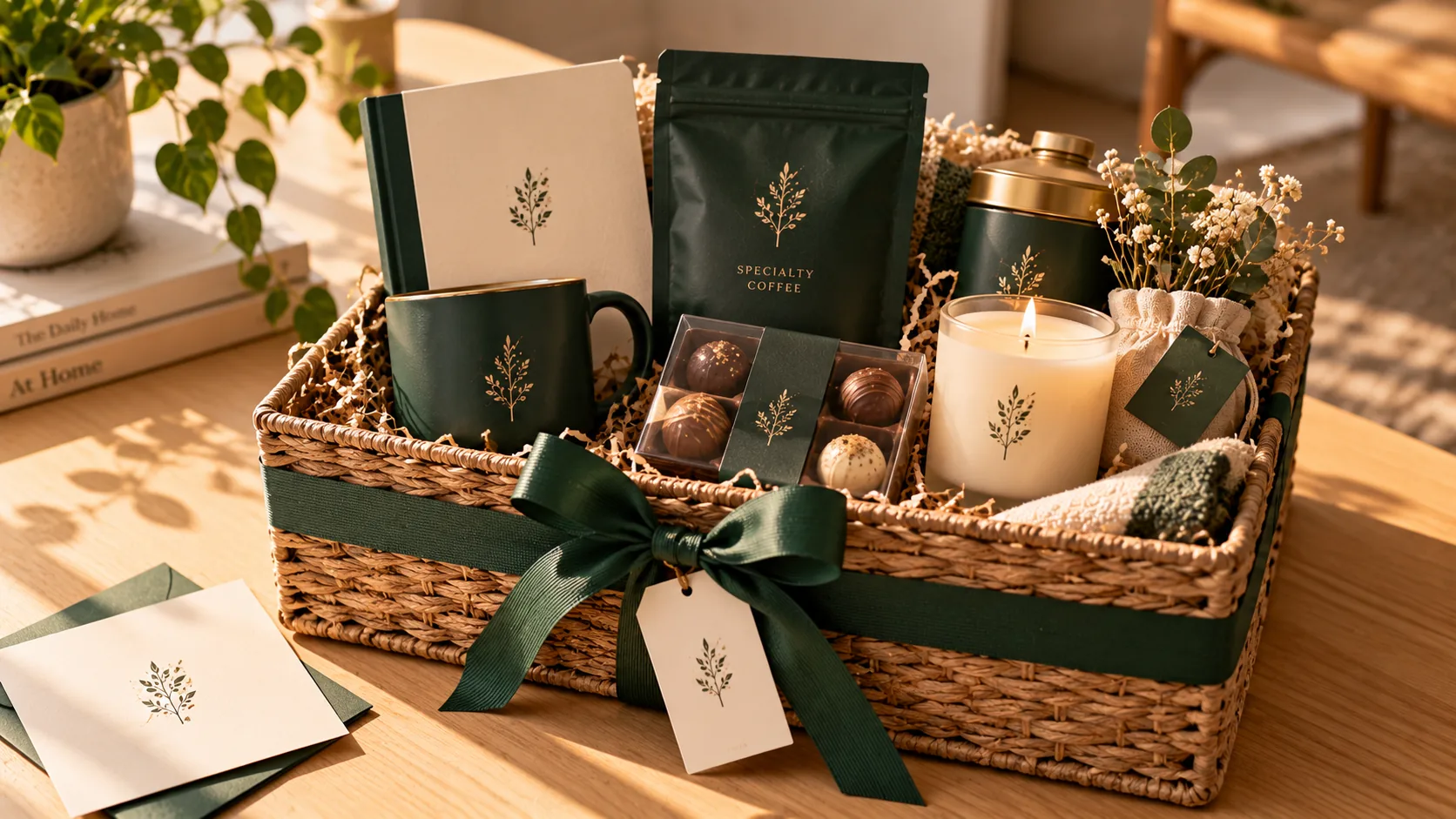 A mid-size hamper with a mug, coffee, chocolates and a candle