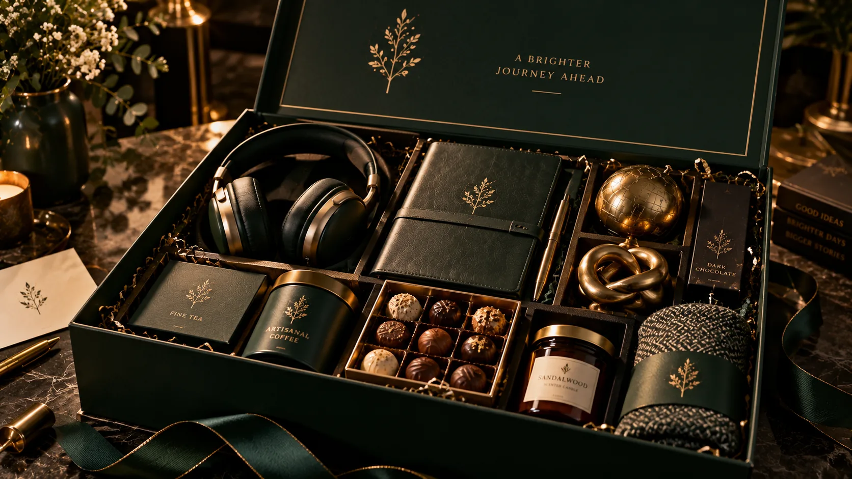 A large luxury hamper with premium tech and brass decor
