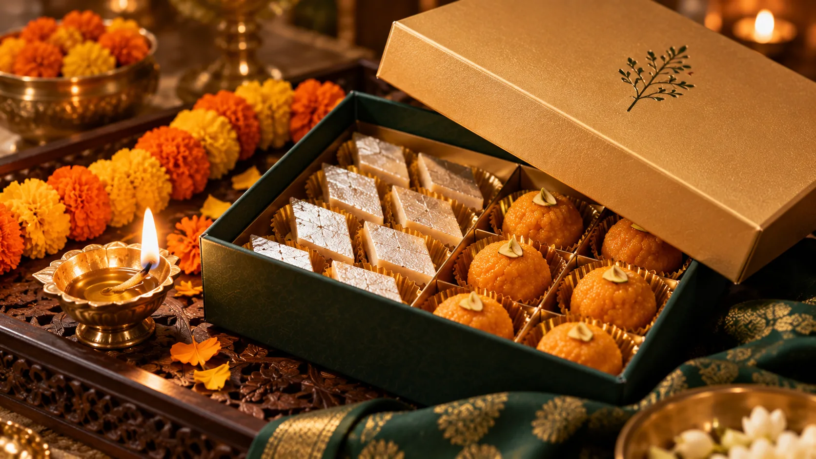 An open box of Indian sweets with a marigold garland
