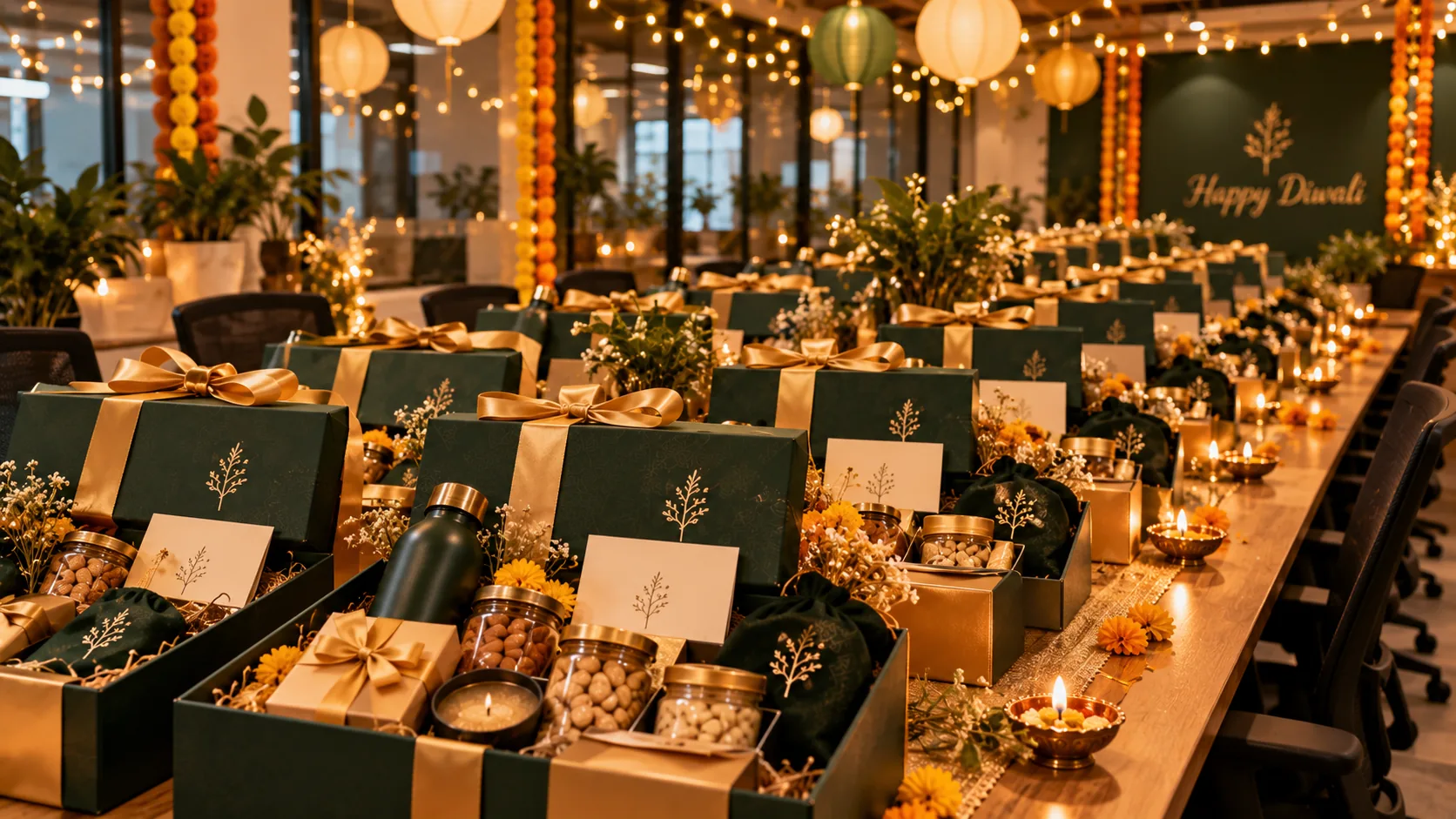 Rows of identical Diwali hampers under fairy lights in an office