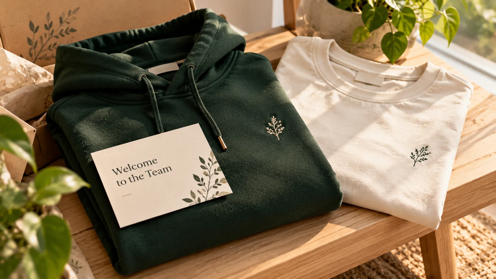 A folded hoodie and t-shirt on a wooden bench