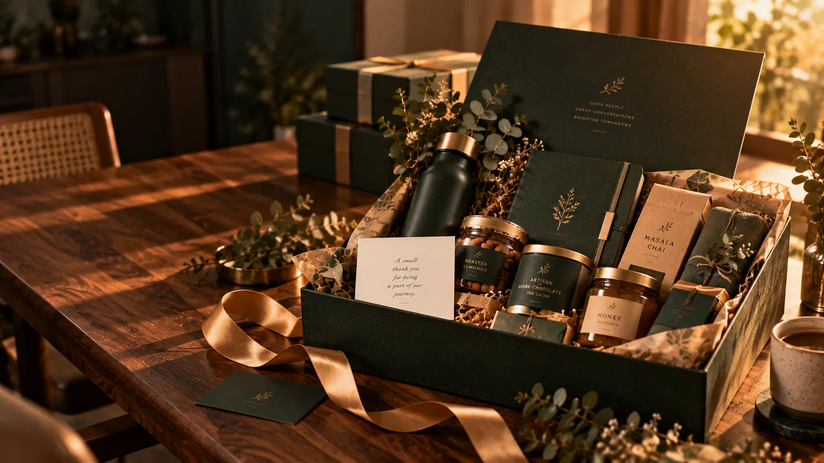 A curated corporate gift hamper on a long walnut table