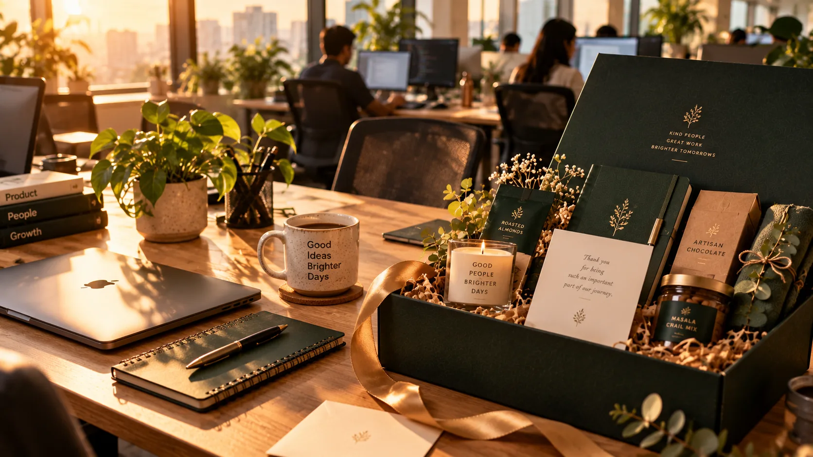 An opened appreciation box on an office desk